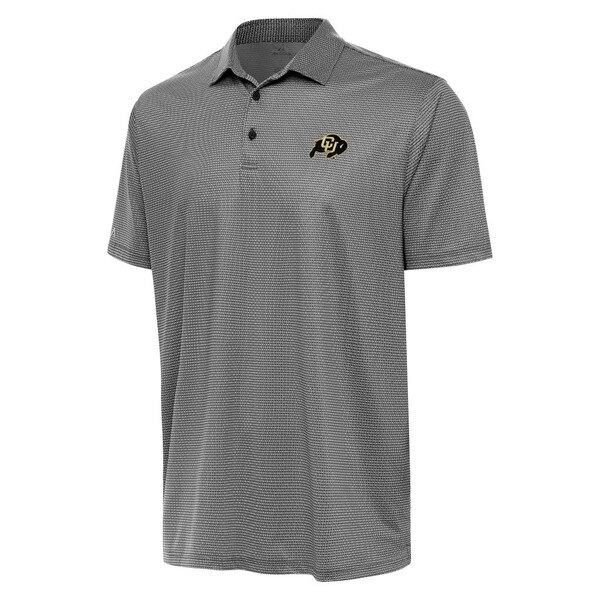 A white black Antigua men's polo with ring-like pattern and C.U buffalo logo.